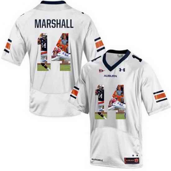 Auburn Tigers 14 Nick Marshall White With Portrait Print College Football Jersey2